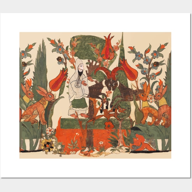 FOREST ANIMALS ,BATTLING RAMS, RED FOX, RABBITS AND ASCETIC AMONG TULIPS ,FLOWERS, GREEN LEAVES Wall Art by BulganLumini